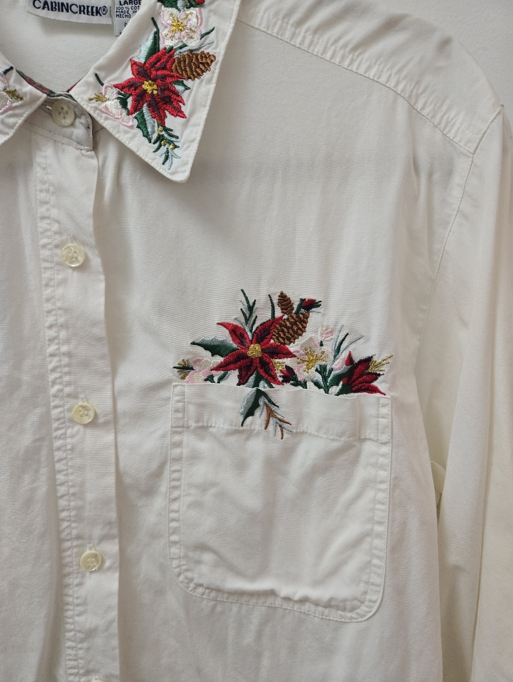 CABIN CREEK Vintage Embroidered Floral Oversized 100% Cotton White Button Down L - Picture 2 of 6